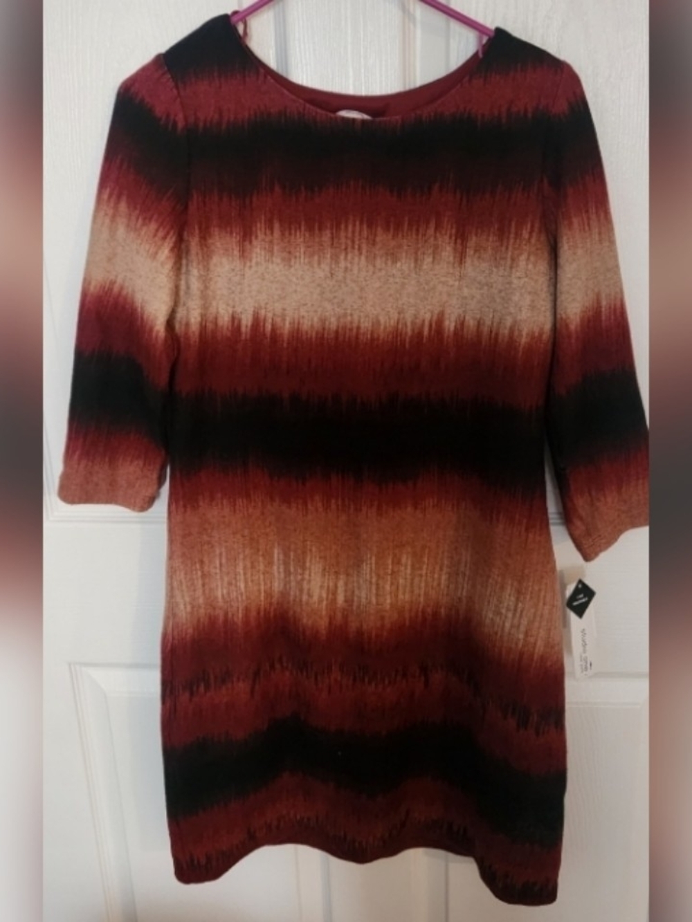 Studio I Ombre Stripe Long Sleeve Shift Dress in Burgundy, Black and Tan